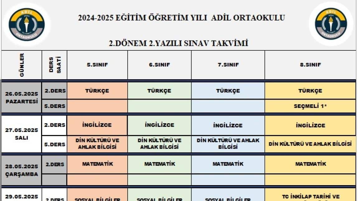 2024-2025 Eğitim-Öğretim Yılı 2.Dönem 2.Yazılı Sınav Takvimi Duyurusu